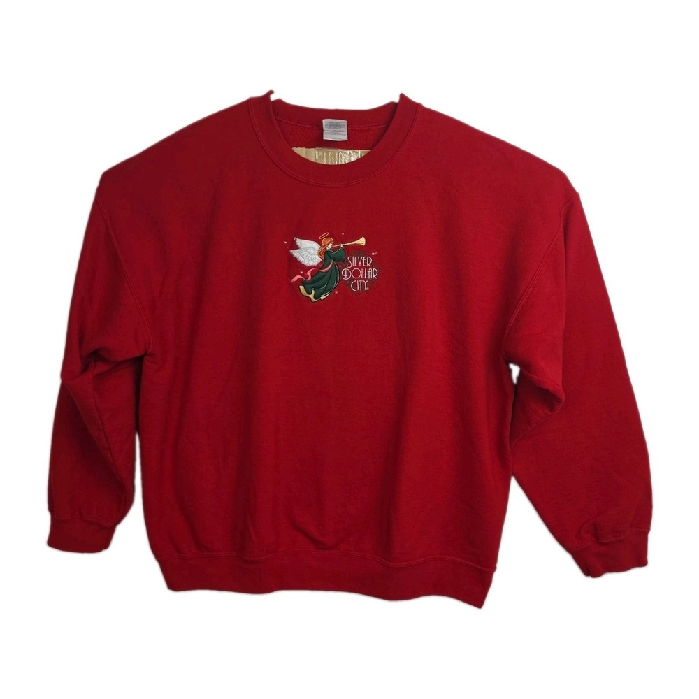 VTG Gildan Chirstmas Sweatshirt Women's XL Red Embroid. Angel Silver Dollar City